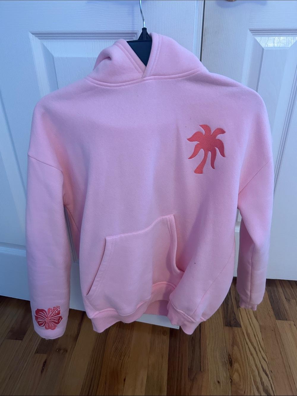 Pink Palm Puff Hoodie with Coral Palm Motif